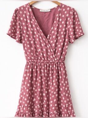 Abercrombie Mauve Polka Dot Mini Dress Cottagecore Ruffle Hem V Neck Size M